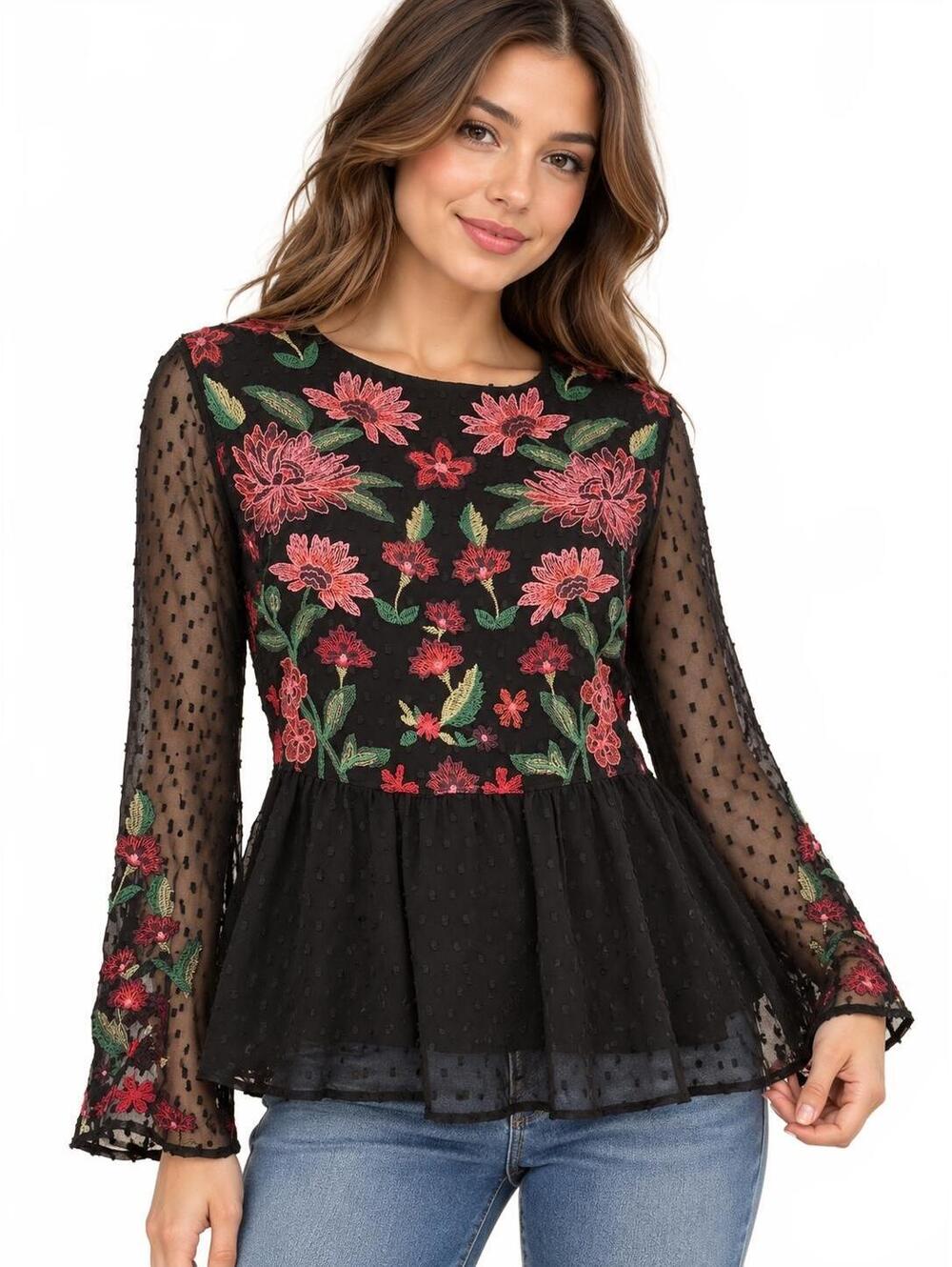 American Eagle Black Floral Embroidered Sheer Peplum Blouse XS NWT